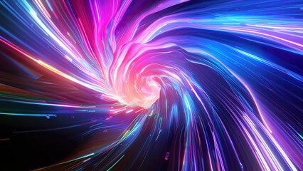 Abstract tunnel of a multicolor spectrum background. Bright rays of neon light and colorful glowing lines moving speed through the dark. 3d render