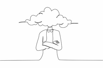 Single continuous line drawing cloud head businesswoman. Woman with empty head and cloud instead. Distracted, daydreaming, absent. Business metaphor. One line draw graphic design vector illustration - obrazy, fototapety, plakaty