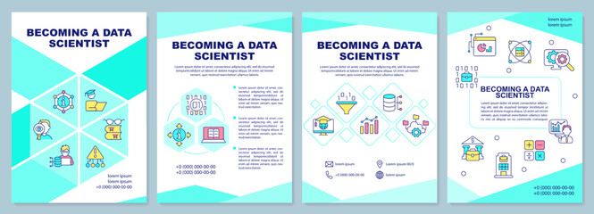 Becoming data scientist brochure template. It branch. Leaflet design with linear icons. Editable 4 vector layouts for presentation, annual reports. Arial-Black, Myriad Pro-Regular fonts used