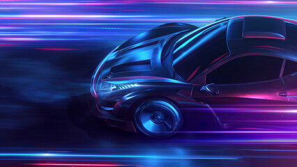 Obraz na płótnie Canvas Futuristic Sports Car On Neon Highway. Powerful acceleration of a supercar on a night track with colorful lights and trails. 3d illustration