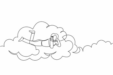 Continuous one line drawing dreamer businesswoman lay on the clouds and dreaming or thinking about new business project. Female resting after work. Single line draw design vector graphic illustration