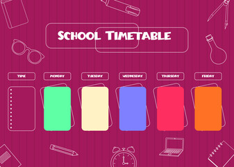 School schedule. Timetable for kids. Weekly time table with day of the week and handdrawn school stuff. Educational classes diary. A4 paper size.