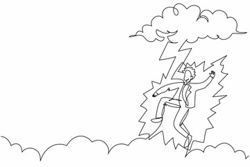 Continuous one line drawing unhappy businessman struck by lightning or thunder from dark cloud. Bad luck, misery, unlucky, disaster, risk, danger. Single line draw design vector graphic illustration