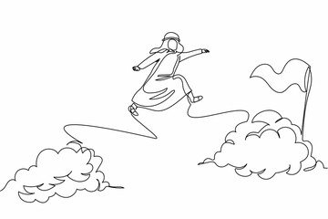Single continuous line drawing Arab businessman jump over clouds to reach success, target or flag. Challenge career path. Taking risk business project. One line draw graphic design vector illustration