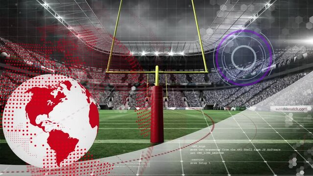 Animation of globe, scanner and data processing over american football stadium pitch