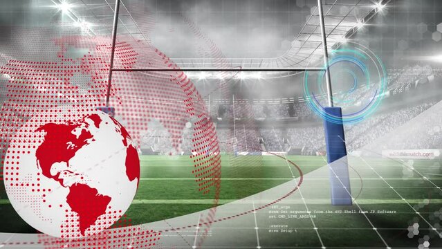 Animation of globe, scanner and communication network over rugby stadium pitch
