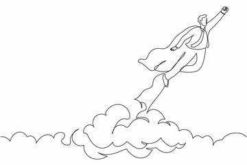 Continuous one line drawing super hero businessman flying up cloud. Super worker in robe cloak takes off. Power, uniqueness, start-up business idea. Single line draw design vector graphic illustration