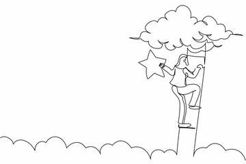 Continuous one line drawing attractive businesswoman standing on stairs and reaching star on sky. Goals and dreams. Business, career, achievement. Single line draw design vector graphic illustration