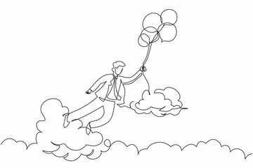 Continuous one line drawing happy wealthy businessman flying with balloon. Office worker achieve financial independence. Success business metaphor. Single line draw design vector graphic illustration