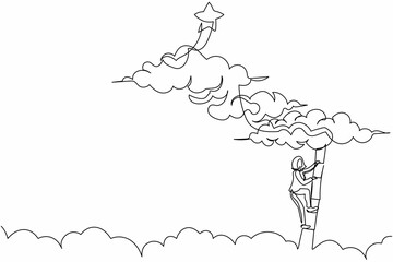 Single one line drawing active businesswoman climbing ladder to reach out for stars, career path goal. Successful motivation, winner, finish. Continuous line draw design graphic vector illustration © Simple Line