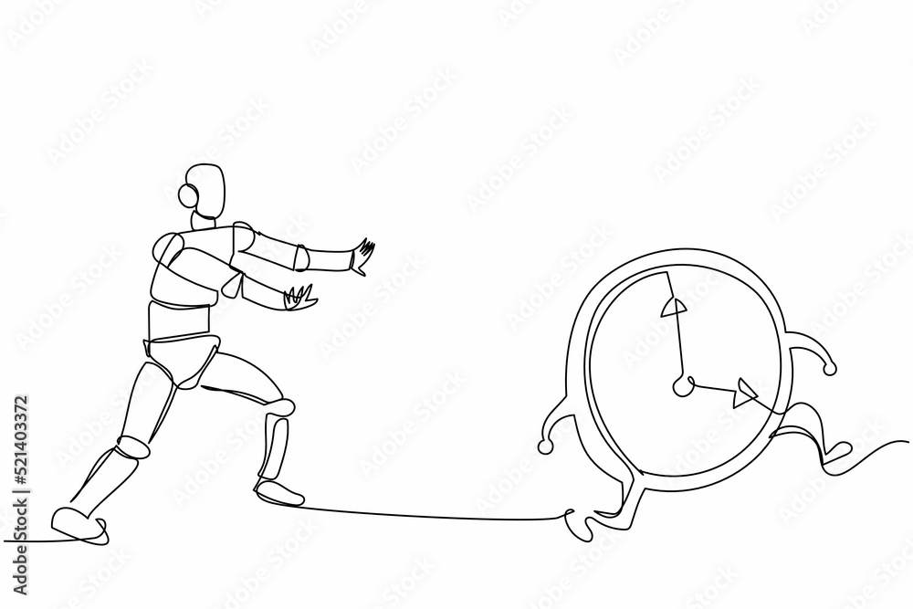 Poster single continuous line drawing robot chase clock time. time management in processing factory. roboti