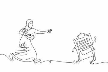 Continuous one line drawing Arabian businesswoman chasing clipboard. Female Arabian boss filing checklist, survey, signing document, and paperwork. Single line draw design vector graphic illustration