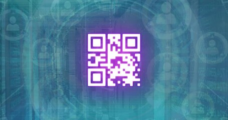 Animation of qr code and scanner processing data over network of people icons - Powered by Adobe