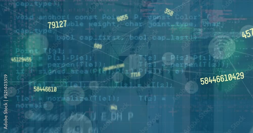 Poster animation of data processing with graphs and charts on interface over computer server room