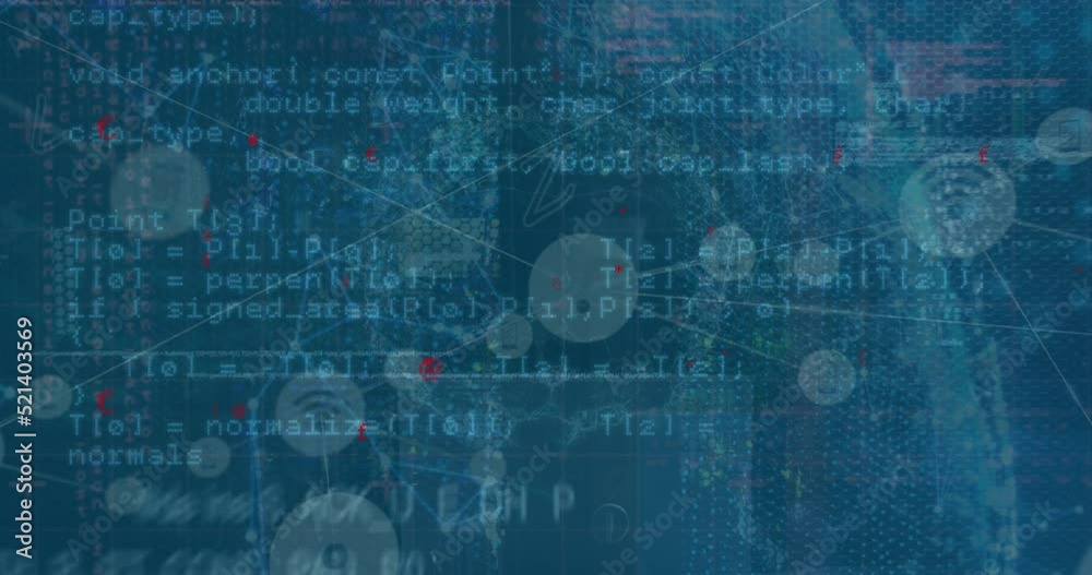 Poster animation of network of communication icons and data processing on blue background