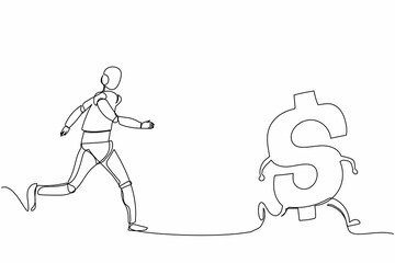 Single continuous line drawing robot chasing dollar symbol. Investment for tech development. Robotic artificial intelligence. Electronic technology industry. One line draw design vector illustration