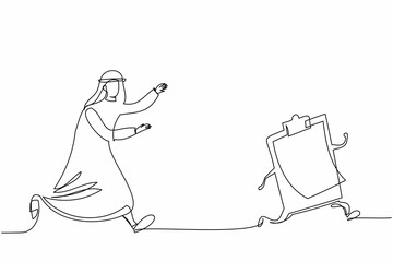 Single continuous line drawing Arab businessman chasing clipboard. Paperwork, filing checklist. Arabian manager signing document. Business metaphor. One line draw graphic design vector illustration