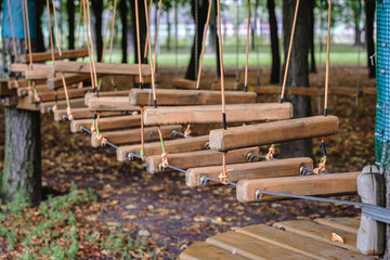 Fototapeta premium The bridges, ropes and ladders of the Adventure Park are designed for beginners among the tall trees. Adventure climbing in a high ropes course