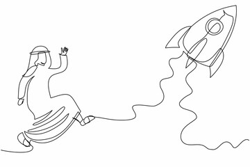 Single continuous line drawing Arab businessman running chasing rocket take off. Prepare for start-up business project. Career awakening to success, growth. One line draw design vector illustration