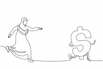 Single continuous line drawing Arabian businesswoman chasing dollar symbol. Female manager want to rich. Business project, savings money, wealth, investment. One line draw design vector illustration