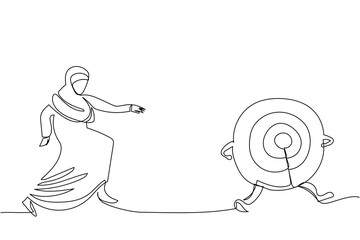 Single one line drawing Arabian businesswoman chasing dartboard target. Sport and competition for reach goal. Accuracy and aim plan business project. Continuous line design graphic vector illustration
