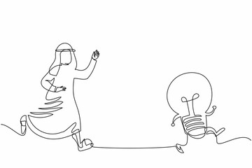 Single one line drawing Arab businessman chasing light bulb. Imagination for new business or brainstorm ideas. Motivated employee seek solution. Continuous line draw design graphic vector illustration