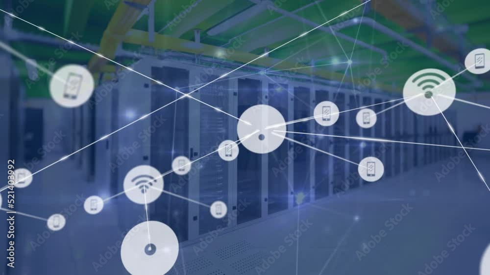 Poster animation of network of communication icons and data processing over computer server room