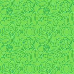 Vegetable harvest abstract seamless pattern. Editable vector shapes on green background. Trendy texture with cartoon color icons. Design with graphic elements for interior, fabric, website decoration