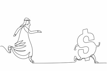 Single one line drawing Arab businessman chasing dollar symbol. Pursuit to success, wealth, financial freedom, rich, investment. Business metaphor. Continuous line design graphic vector illustration