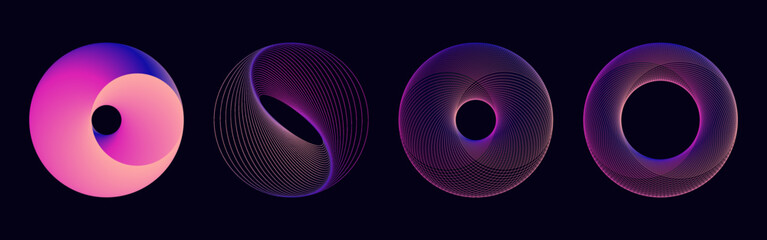  Gradient neon circle elements in line art style and fill. Abstract geometric vibrant round shapes