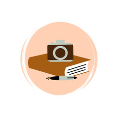 Cute logo or icon vector with cartoon camera, pen and books, illustration on circle for social media story and highlights