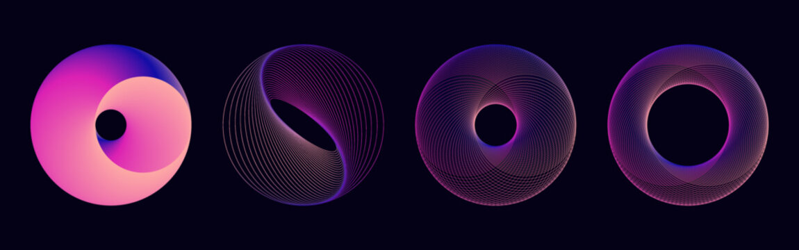  Gradient neon circle elements in line art style and fill. Abstract geometric vibrant round shapes