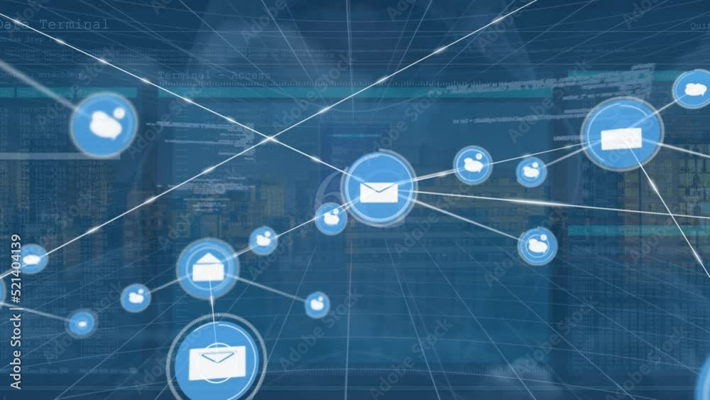 Poster animation of network of communication icons over data processing on dark background