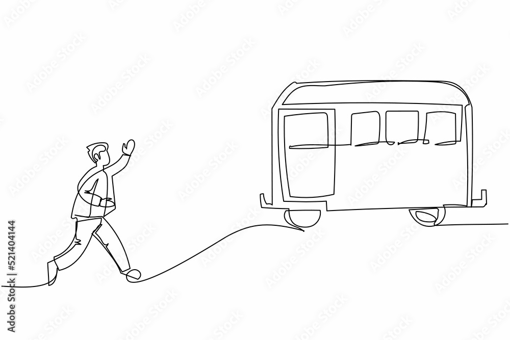 Poster single continuous line drawing businessman run chasing try to catch train. hurry running to get tran