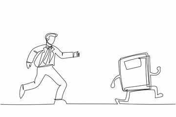 Single one line drawing businessman run chasing try to catch text book. Office worker being chased by work deadlines. Running out of time. Business metaphor. Continuous line design vector illustration