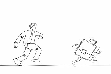 Single continuous line drawing businessman run chasing try to catch briefcase. Chasing high performance active mutual fund, buying rising star stock or funds. One line draw design vector illustration