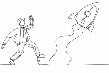 Single continuous line drawing businessman run chasing try to catch flying rocket. Concept of competitive, advantage, growth, marketing. Business metaphor. One line graphic design vector illustration