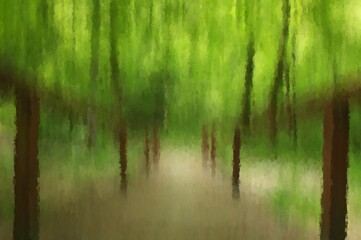 path in the green forest morning paint art