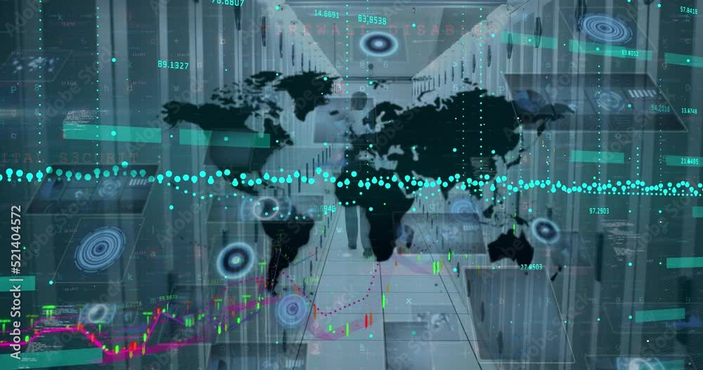 Poster animation of financial data processing over world map against empty computer server room