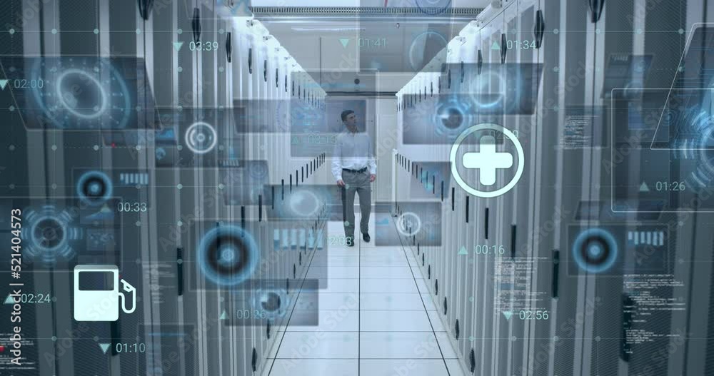 Poster animation of icons and data processing over caucasian it engineer and computer servers