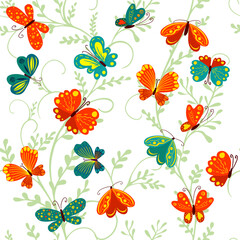Seamless botanical background with flowers and butterflies. Vector illustration
