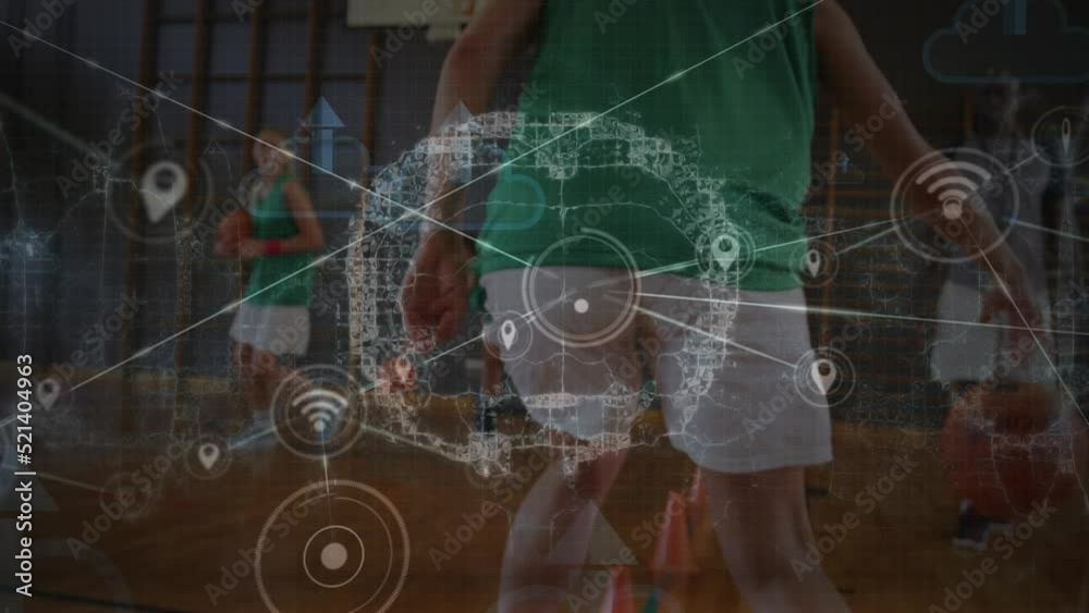 Wall mural Animation of communication network over diverse female basketball team training indoors