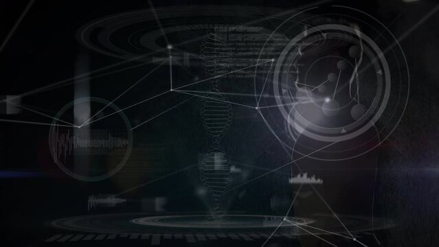 Animation of man running over dna strand and data processing on black interface