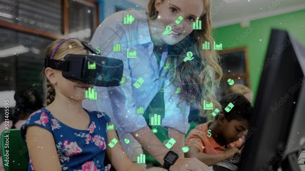 Poster animation of network of connections with icons over caucasian schoolgirl using vr headset