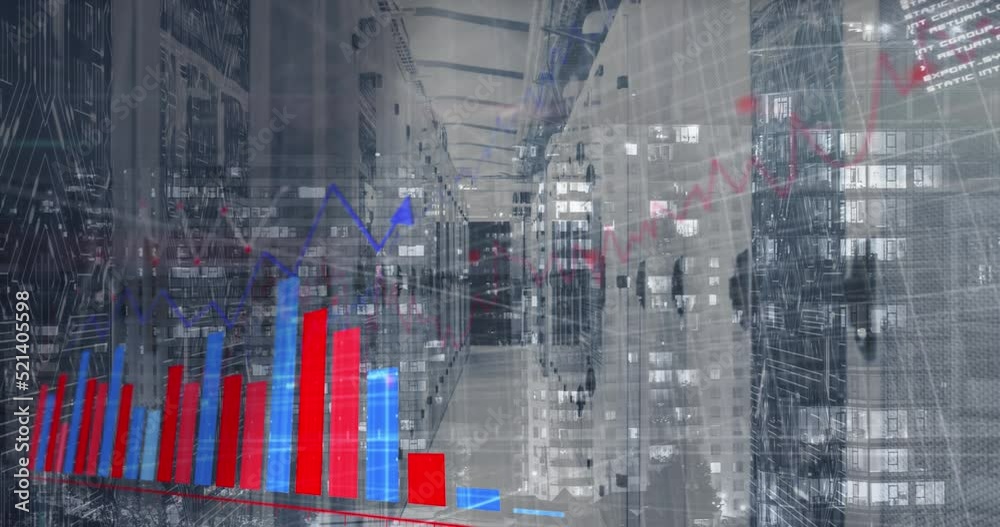 Poster animation of data processing over cityscape and computer servers