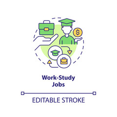 Work study jobs concept icon. Way to pay for college. Financial aid for education abstract idea thin line illustration. Isolated outline drawing. Editable stroke. Arial, Myriad Pro-Bold fonts used