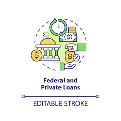 Federal and private loans concept icon. Financial aid for education abstract idea thin line illustration. Isolated outline drawing. Editable stroke. Arial, Myriad Pro-Bold fonts used