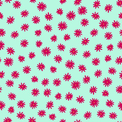 Camomile seamless vector pattern. Hand-drawn pink flowers with yellow centers on blue background. Botanical ornament. Cute plant illustration for wallpaper, wrapping paper, clothing, floral print