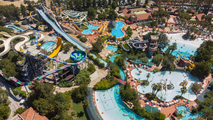  aerial image of a large Water park with various slides and pools. High quality photo