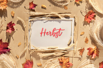 Autumn frame, caption greeting text Herbst means Autumn in German language. Natural Fall leaves,...
